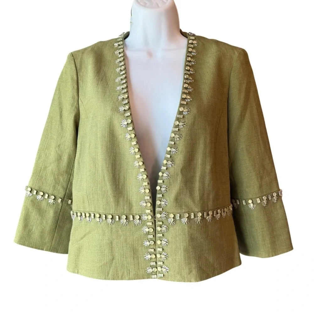 TORY BURCH Avery Hills Linen Blend 3/4 Jacket Blazer Olive Green Size‎ 4 New